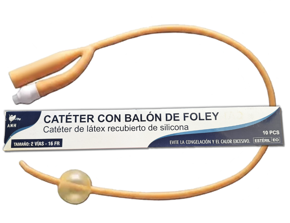 Sonda foley de látex con recubierta de silicón no. 16 fr. con balón de 5 -15 cc y 40 cm largo dos vías